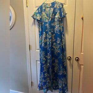 Vintage 1970s Otaheite Honolulu Dress Womens Hawaii Mumu Maxi Blue Roper Romp